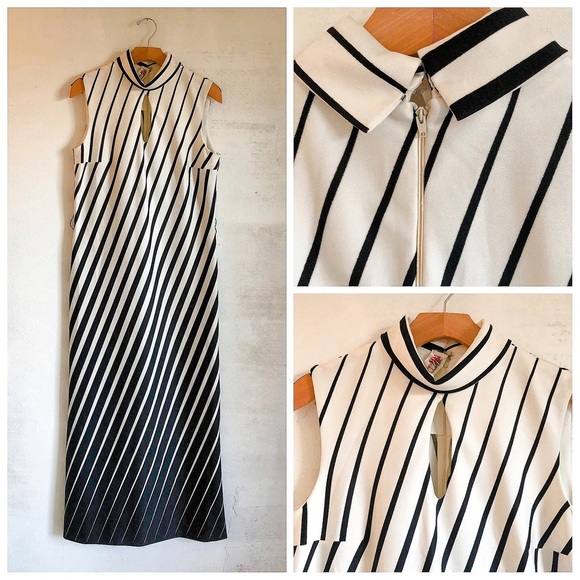 VTG 70’s Maxi Dress Ombré Striped Blk/Wht floor Size Large - Picture 3 of 3